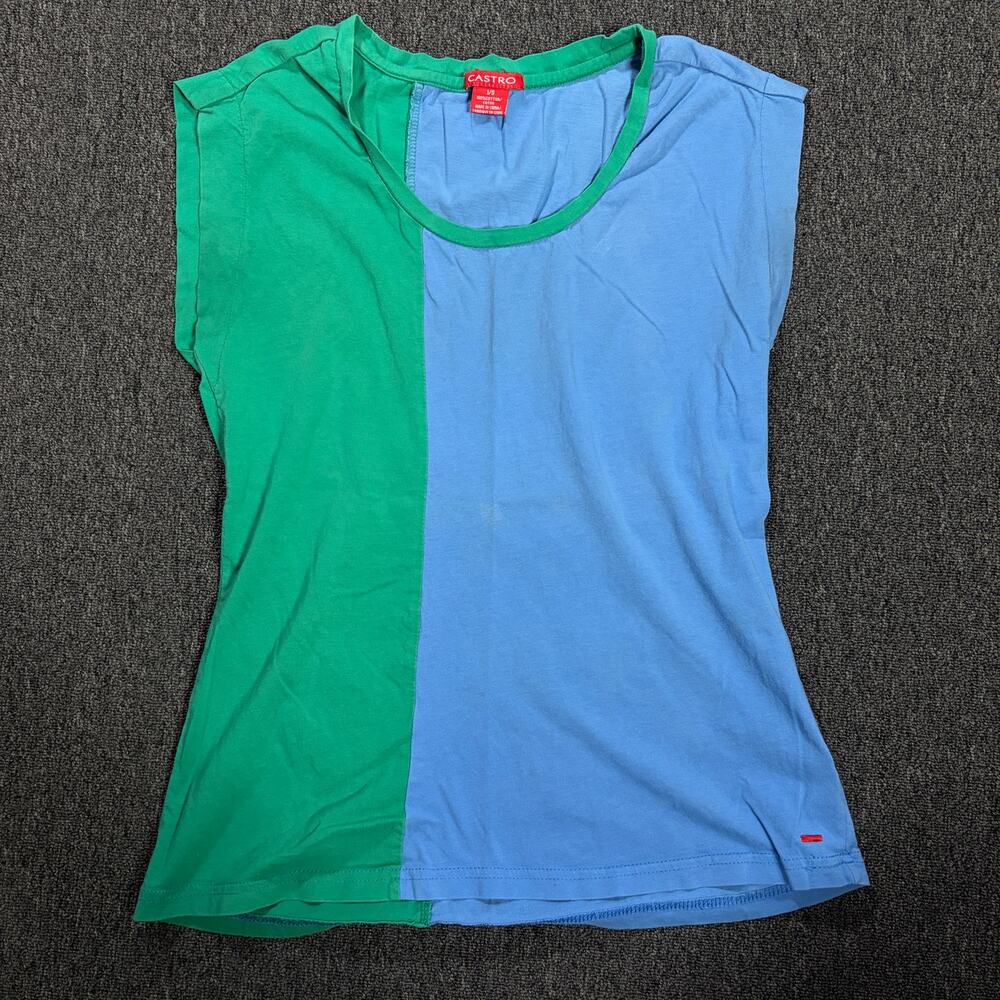 Vintage Y2k Castro Colorblock Barcelona Blue Green Cotton Scoop Neck Tee S